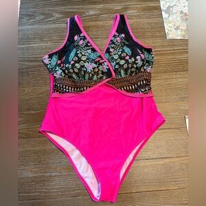 Pink and Black One Piece Swimsuit with Decorative Waist